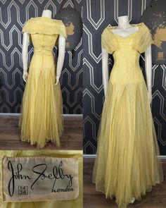 Original 1950's yellow lace net John Selby ballgown.  Sleeveless design with narrow shoulder straps, sweetheart neckline with pleated off the shoulder sash attached at the front. Paneled body with fitted waistline, dropped waist design with full length full circle cut skirt. Long zip to the back with full lining inside and the original makers label in the neckline. This has layers of net in the skirt and a built in petticoat giving it a great shape when worn.  In good condition this is perfect for all sorts of occasions and events.  This measures when laid flat   Armpit to armpit - 15" Waist - 12.5" Length - 58"  Waist to hem - 44" If you have any questions please ask and we will try to help. Thanks for looking and happy buying xX Net Ball Gown, Ball Gown Dress, Buttercup Yellow, Yellow Lace, Skirt Long, Ball Gown Dresses, Full Circle, Gown Dress, Oct 30