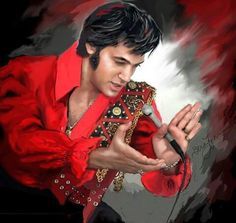 a painting of elvis presley holding a microphone