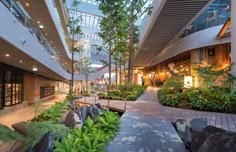 an indoor shopping mall with lots of plants and trees