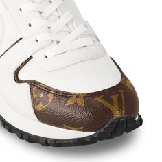 LOUIS VUITTON® - Run Away Sneaker - White Luxury White High-top Sneakers With Air Cushioning, Luxury Dynamic White Sneakers, Luxury Custom Sneakers With Contrast Sole For Running, Louis Vuitton Women, Jean Material, Circle Logo, Metal Plaque, The Run, Running Shoe