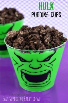 a green cup filled with chocolate chips and the words hulk pudding cups