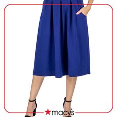 in stock Blue A-line Bottoms With Pockets, Full Skirt Bottoms With Pockets For Day Out, Day Out Full Skirt With Pockets, Chic Stretch Skirt With Pockets, Stretch Skirt With Pockets For Day Out, Blue Skirt With Side Pockets, Solid Color Bottoms With Pleated Waist, Midi Length, Solid Midi Bottoms With Pleated Waist, Chic Full Skirt Bottoms With Side Pockets