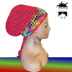 Handcrafted red cotton slouchy beanie, with drawstring.   Great for all seasons. Oversized Beanie made using 100% cotton yarn. Roomy for long hair, afros, braids, locs or bad hair days.   Color: Red and multi-colored Opening hat: 24' (without drawstring)  Height:  10"Approximately Note: 100% cotton does not have the stretch and "spring back" that acrylics have. 100% Cotton "loosens" with wear, so the drawstring will help keep your tam to have a snug fit.   Recommend hand wash. All items are handmade in a smoke-free, pet-free home. If you would like this set in another color that is not listed, please feel free to convo me with your request, and I'll be happy to make a set, especially for you. Bohemian Beanie Headwrap, Adjustable Bohemian Winter Headwrap, Bohemian Beanie One Size Fits Most For Festival, Bohemian Beanie For Festivals, Adjustable Red Headwrap For Festivals, Adjustable Red Headwrap For Festival, Casual Red Bonnet, One Size Fits Most, Casual Red Bonnet One Size Fits Most, Casual Red Bonnet