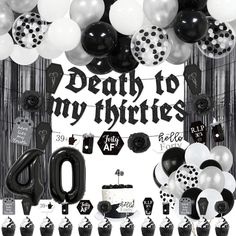 Goth 40th Birthday Black Party Decorations Death To My 30s Thirties Banners Balloons Cake Topper Rip To My 30s Funny 40th Birthday Decorations: Celebrate Your Birthday Milestone With These Decorations Kit, A Perfect Way To Celebrate The Next Chapter You Will Get: - 1pc Death To My Thirties Banner - 1pc Garland - 1pc Number 40 Shaped Birthday Cake Candle - 12pcs Cupcake Toppers - 5pcs Black Silver Confetti Balloons, - 47pcs Latex Balloons, - 1 Set Balloons Tool The Banner Is Made From Quality Felt Card Paper, Balloons Are Made Of High Quality Thicker Latex Easy To Assemble: The Banner Comes Pre-Strung And Already Assembled; Simply Inflate These Balloons And Secure To The Provided Bal 40th Birthday All Black, Witch Theme 40th Birthday, 40th Birthday Ideas For Women Halloween, 40th Birthday Halloween Theme, Rip To My Thirties Party, Spooky 40th Birthday, Halloween Themed 40th Birthday Party, 40th Birthday Ideas For Women Themes Black, 40th Themed Birthday Party Ideas