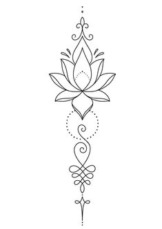 a line drawing of a lotus flower with swirls and leaves on it's side