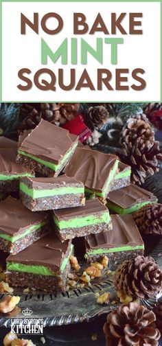 no bake mint squares stacked on top of each other with pine cones in the background