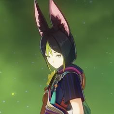 an anime character with black hair and ears wearing a purple outfit, standing in front of a green background