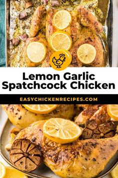 lemon garlic chicken with text overlay that reads easy lemon garlic spratch chicken