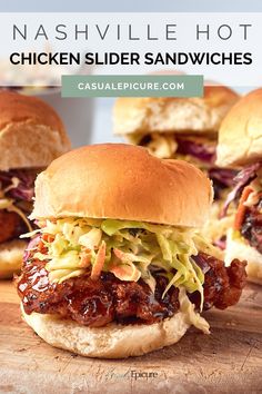 three chicken sliders with coleslaw slaw on them and the title reads nashville hot chicken slider sandwiches