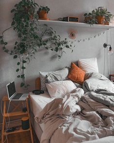 an unmade bed with plants on the wall above it