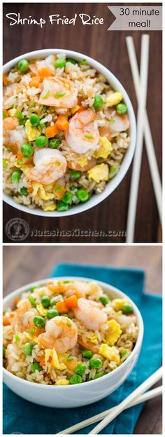 shrimp fried rice in a bowl with chopsticks