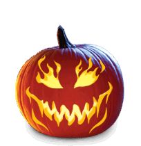 a carved pumpkin with flames on it's face