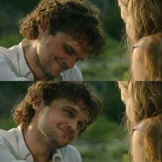 two photos of a man with curly hair