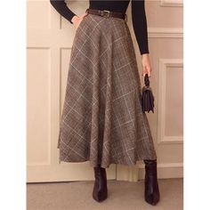 Designed With An Ultra High Waist And A Flattering Flared Silhouette, This Skirt Exudes Timeless Elegance. The Geometric Plaid Pattern Adds A Classic Touch, While The Belted Detail Enhances Your Waistline. Featuring A Convenient Zipper And Pockets, This Long Skirt Combines Practicality With Sophistication. Crafted From Non-Stretch Woven Fabric, It Offers A Comfortable And Loose Fit, Making It A Versatile Addition To Your Wardrobe For Any Occasion! Non-stretch Skirt For Office In Fall, Non-stretch Office Skirt For Fall, Fall Office Skirted Bottoms, Non-stretch Skirt For Fall Workwear, Skirted Bottoms For Workwear In Fall, 1920s Skirts, 1920s Skirt, Skirt With Pockets, Vintage Elegant