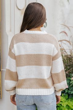 Stay warm and stylish in any weather with this versatile pullover sweater! Our Beige Striped Sweater features a classic striped pattern in beige and ivory, making it perfect for fall! The ribbed neckline, hem, and cuffs add a touch of sophistication to this cozy and stylish sweater. Style with jeans, ankle booties, and a wide brim hat for a cute boho fall look! Cozy Striped Sweater For Fall, Beige Ribbed Crew Neck Outerwear, Winter Striped Sweater With Ribbed Neckline, Striped Soft Knit Sweater For Fall, Striped Crew Neck Outerwear For Fall, Fall Striped Soft Knit Sweater, Striped Sweater For Layering In Fall, Cream Long Sleeve Sweater With Ribbed Neckline, Soft Knit Striped Sweater For Fall