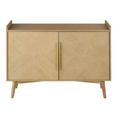 the sideboard is made from wood and has two doors, one door open to reveal a