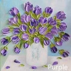 a painting of purple flowers in a white vase