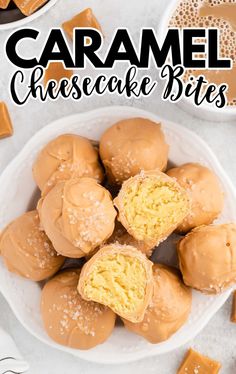 caramel cheesecake bites on a white plate