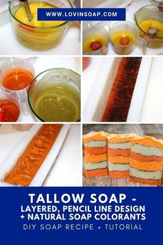 several different types of soaps are shown in this collage with the words, tallow soap - layered, pencil line design and natural soap colors