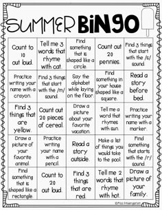 a printable summer bingo game with words and pictures to help students learn how to use it