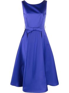 sapphire blue satin finish bow detailing flared design sleeveless round neck scoop back rear zip fastening Dressy Summer Dresses, Dress Crafts, Satin Midi Dress, Blue Midi Dress, Blue Satin, Sapphire Blue, Bow Detail, Cocktail Dress Party, Stylish Dresses