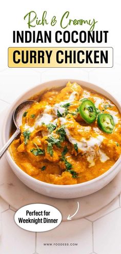 Perfect for weeknight dinners, this Creamy Indian Coconut Curry Chicken is so quick and easy to make! Aromatic spices like curry powder, turmeric, and cayenne pepper mix with rich coconut milk for an irresistibly creamy sauce. Serve it with steamed basmati rice, naan bread, paratha, or roti. This delicious chicken curry also pairs well with a tangy cucumber salad or beans stir fry. Great family friendly meals or for special occasions. Find the full coconut chicken curry recipe on my blog! Chicken Indian Food, Thai Chicken Curry With Coconut Milk, Instant Pot Coconut Curry Chicken, Indian Coconut Curry, Easy Chicken Curry Recipe, Coconut Curry Chicken Recipes, White Curry, Curry Chicken Recipe, Chicken Curry Recipe Easy