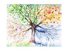 a colorful tree with lots of leaves on it's branches is featured in this watercolor