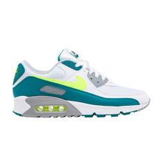 Find NIKE Air Max 90 'spruce Lime on Editorialist. The Nike Air Max 90 ‘Spruce Lime’ brings back one of the silhouette’s earliest colorways, which last saw the light of day in 2008 via a JD Sports-exclusive release. The upper combines breathable white mesh with tonal leather overlays and a bright teal mudguard. The signature cropped Swoosh is rendered in a neon yellow hue, matching the visible Max Air unit embedded in the heel of the polyurethane midsole. A standard waffle outsole provides durable traction underfoot. Green Throwback Sneakers For Streetwear, Green Nike Air Max With Air Max Cushioning, Green Nike Air Max With Cushioned Footbed For Sports, Casual Green Nike Air Max With Cushioning, Green Nike Air Max With Air Cushioning, Green Nike Air Max For Sports With Air Cushioning, Green Custom Sneakers With Air Max For Light Sports, Green Nike Air Max With Boost Midsole For Streetwear, Green Air Max Sneakers For Jogging