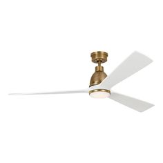 a gold ceiling fan with white blades and a light on the top, against a white background