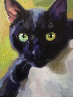 a painting of a black cat with green eyes