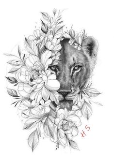 a drawing of a lion surrounded by flowers