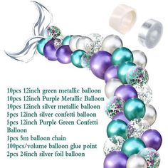 the mermaid tail balloon garland is purple, green and blue with confetti balloons