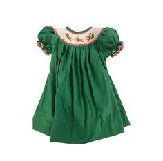 Beautiful hand smocked Christmas tree dress. Bishop style and made from cotton and polyester. Green Short Sleeve Christmas Dresses, Green Short Sleeve Dress For Holiday, Fitted Cotton Christmas Holiday Dress, Fitted Cotton Christmas Dress, Fitted Cotton Holiday Dress For Christmas, Short Sleeve Cotton Christmas Dress, Short Sleeve Cotton Dress For Christmas, Green Cotton Winter Dresses, Green Ruffled Holiday Dress For Christmas