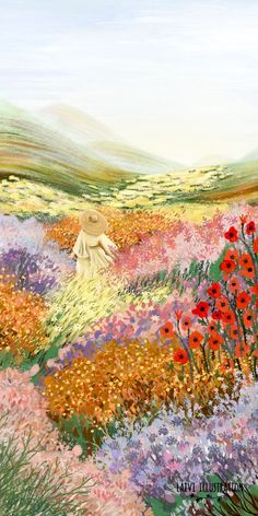 a painting of a woman walking through a field full of flowers