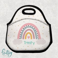 This sweet personalized rainbow lunch tote is perfect for school, daycare, or trips! Our insulated lunch totes are made from neoprene, have a zipper closure, and are machine washable! This design has a cute rainbow in pinks, blue, and yellow on a very light beige background with stars and dots. It is custom made with any name. If you choose single-sided, the back side is black. If you choose double-sided, the front and back will be the same. Want a change to this design? Just let me know. I can Lunch Bag For Kids, Couples Blanket, Insulated Lunch Tote, Kids Lunch Bags, Pool Bags, Cute Rainbow, Insulated Bags, Lunch Tote, Personalised Canvas