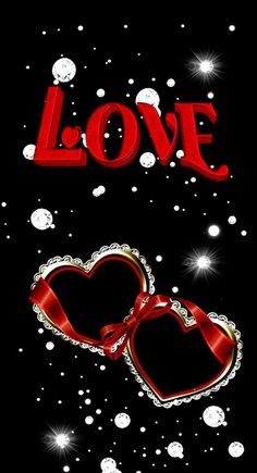 two hearts with red ribbon and the word love written on them, surrounded by snowflakes