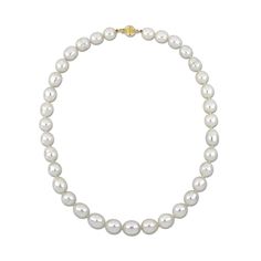 Drape your necklace in timeless elegance with this beautiful South Sea cultured pearl strand necklace. Expertly crafted, this look showcases luminous 9.0-11.0mm South Sea cultured pearls glistening along a knotted thread. Makes a sophisticated fashion statement This 18.0-inch necklace secures with a 14K gold ball clasp. Classic Oval Pearl Charm Necklace, Classic Oval Pearl Necklace For Wedding, Classic Pearl Necklace For Anniversary With High Luster, Classic Pearl Necklace For Anniversary, Classic Oval Single Strand Necklace, Classic High Luster Pearl Necklace For Anniversary, Classic Pearl White Necklace With High Luster, Classic Oval Pearl Necklace, Classic Oval Yellow Gold Pearl Necklace