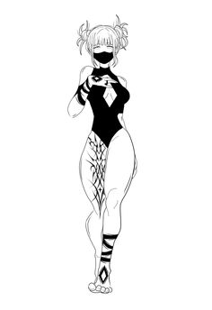 a black and white drawing of a woman in a bodysuit with her hands on her hips