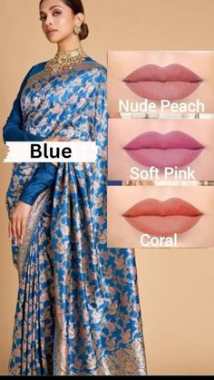 Lipstick For Blue Dress, Lipstick With Blue Dress, Blue Saree Makeup Look, Makeup Book, Lip Shades