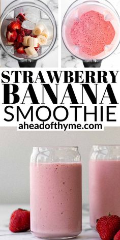 strawberry banana smoothie in a blender with strawberries