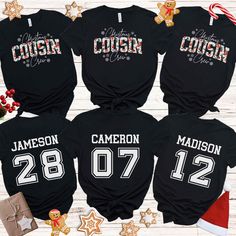 ⭐️ For shirts WITHOUT cousin name and number/age, go to: https://wordybunnyboutique.etsy.com/listing/1809025681/christmas-cousin-crew-shirts-cousin-crew ⭐️ Cousin Crew Shirts, Matching Cousin Shirts for Kids through adults! Shop with Confidence! We are a 5-Star Rated Shop! Step up your cousin Christmas stepping into these Christmas "Cousin Crew" t-shirts! These eye-catching shirts feature a bold, on-style, design and funky font. Made from high-quality, comfortable fabric, they are perfect for fa Cousins Christmas, Cousins Shirts, Cousin Crew Shirts, Cousin Shirts, Cousin Camp, Funky Fonts, Cousin Crew, Holiday Shirt, Crew Shirt