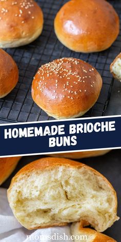 homemade brioche buns on a cooling rack with text overlay that reads homemade brioche buns