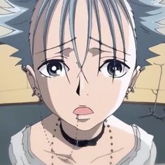 an anime character with short hair and piercings on her ears looking at the camera