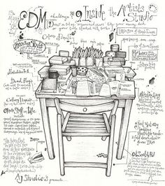 a drawing of a table with many items on it and some writing in the background