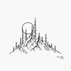 a black and white drawing of a mountain with pine trees on it's side