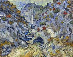 a painting with mountains in the background and trees around it, as well as flowers on the ground