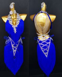 two mannequins dressed in blue and gold with beading on the sides