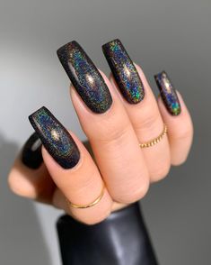 Holo Nails, Nail Shimmer, Nail Essentials, Dark Nails, Holographic Nails, Chrome Nails, One Moment, Nail Lacquer, Black Nails