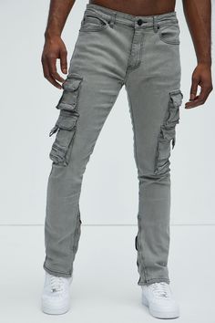 Available In Grey. Stacked Skinny Flared Fit Zip Fly Button Closure 5 Pocket Detail Cargo Pockets Convertible Zipper Ankle Detail 85% Cotton, 13% Polyester, 2% Spandex Imported | Mens Got Do Cargo Stacked Skinny Convertible Flare Jeans in Grey size 32 by Fashion Nova Search By Photo, Jean Grey, Pocket Detail, Grey Fashion, Swim Shorts, Jeans Pants, Flare Jeans, Everyday Essentials Products, Fashion Nova