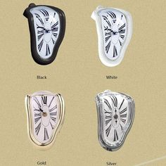 four different types of clocks are shown in three different colors and styles, one is black, the other is white